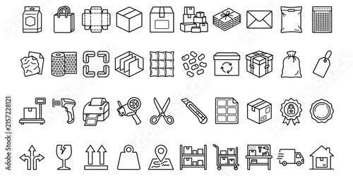 Set of various logistics and packaging icons featuring delivery shipping warehouse and supply chain management line art symbols