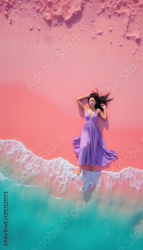 Young Asian woman lies on pink sand beach by turquoise sea water. Model wearing lilac dress rests on shore at tropical island coast. Drone top view shows female relax at summer vacation destination