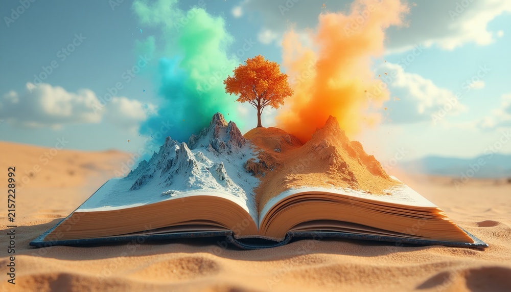 Fototapeta premium Open book on desert sand with magical mountain landscape. Fantasy tree grows from pages with colorful smoke explosions. Surreal literature concept for education, reading adventure. Creative design