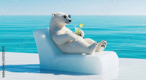 Polar bear  relaxing on ice lounge chair drinking cocktail by ocean