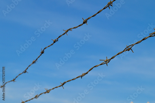 Two rusty barbed wire strands crossing diagonally against a bright clear blue sky with wispy white clouds, symbolizing restriction and security
