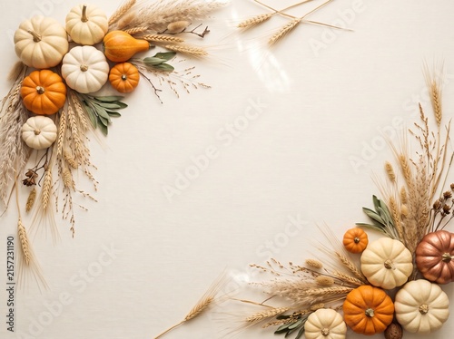 Autumn harvest flat lay with pumpkins and wheat on textured background, thanksgiving concept, copy space