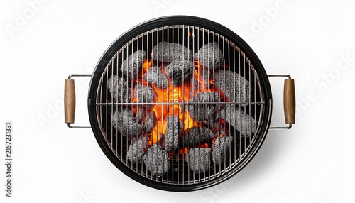 isolated top view of a grill with fire coals against a white background