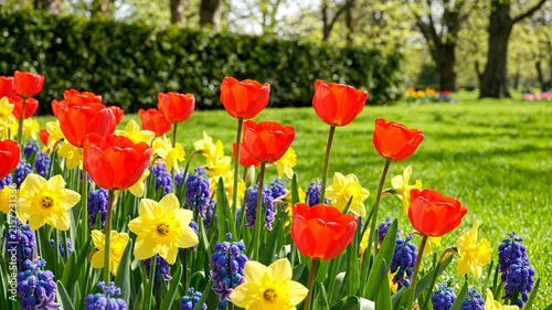 Red tulips and yellow daffodils blooming in sunny spring park