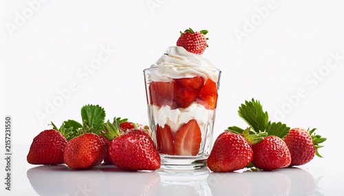 strawberry dessert tall glass fresh strawberries and whipped cream on a white background
