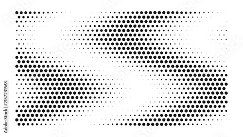 Abstract dark grey hexagonal grid pattern made of small square pixels on a black background, digital texture for science and tech