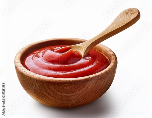 tomato ketchup or red sauce in a small wooden bowl with a wooden spoon isolated rustic kitchenware and organic seasoning concept for food industry and professional cooking