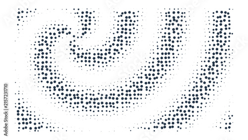 Spiral pattern of small dark blue dots on a black background, abstract digital for motion and flow visual effects