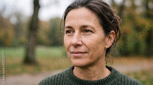 Middle aged woman with grey streaks in her hair looking thoughtfully to the side in an autumn park