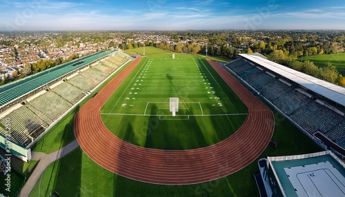 perpendicular aerial view of an artificial turf rugby field the sports facility is empty