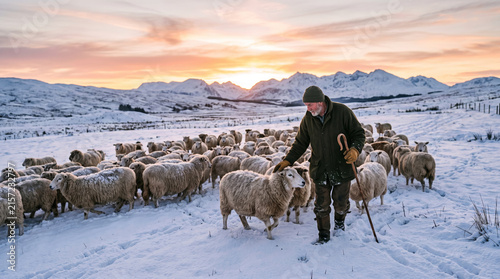 Shepherd tending flock of sheep in snowy mountain landscape at sunset