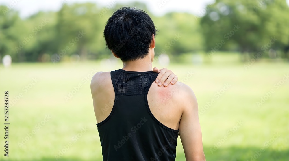 Fototapeta premium Young man in black sportswear touching his aching shoulder blade while standing outside in a bright sunny green park setting