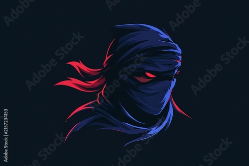 Minimalist digital illustration of stealthy ninja head wearing hood with glowing red eyes on dark blue background vector.