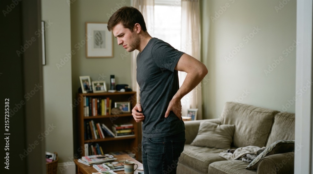 Obraz premium Young Man Suffering from Lower Back Pain While Standing in Living Room at Home
