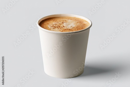 White paper cup filled with latte coffee, topped with frothy milk and cinnamon powder, isolated on light grey background, takeaway drink, morning beverage, cafe, refreshment.