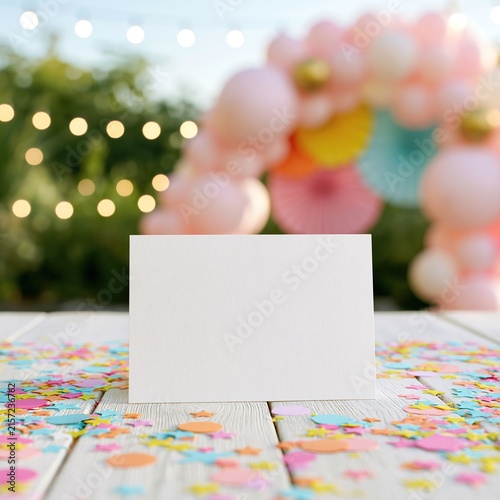 Blank white folded place card mockup on a festive party table with colorful confetti
