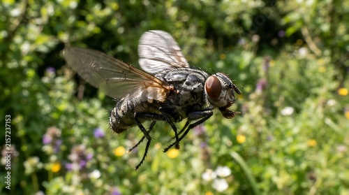 Macro closeup of a housefly hovering in mid-air with detailed wings and compound eyes against a natural green garden background