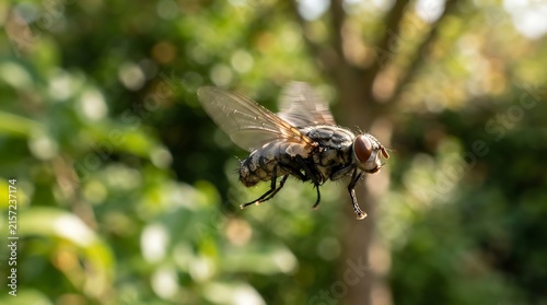 Close-up of a common fly captured in mid-air flight against a blurred natural green garden background