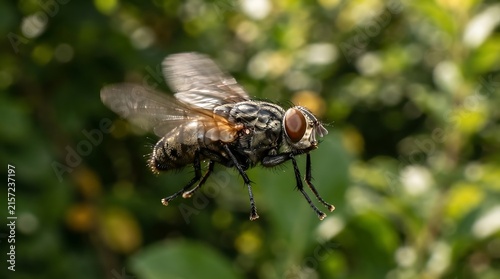 Macro photo of a common housefly hovering in mid air against natural green foliage bokeh