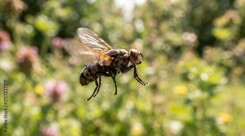 Macro Photography of a Hoverfly in Flight Over a Lush Green Summer Meadow with Soft Natural Blurred Background
