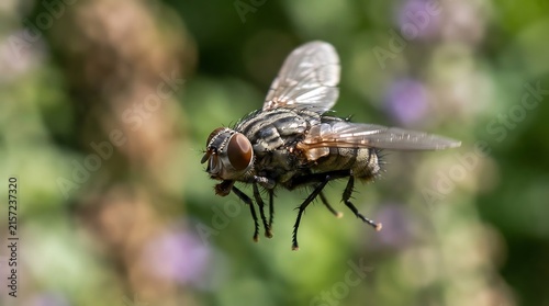 A detailed close-up shot of a housefly hovering mid-air against a vibrant green and blurred natural background