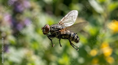 Close-up of a fly in flight, showcasing its compound eyes and wings. The insect hovers against a blurred green and floral background, highlighting its natural detail and aerial movement