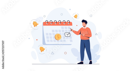 Man points to calendar with coin and checkmark, symbolizing financial planning, budgeting, and important deadlines.