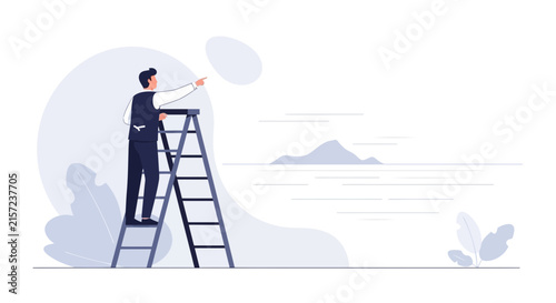Man on Ladder Points Towards Future Horizon with Mountains and Sea in Minimalist Vector Illustration