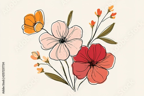 Abstract illustration of various flowers with delicate outlines and soft color fills on a light neutral background, artistic design.