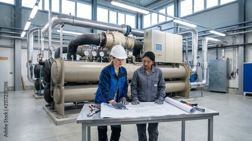 Diverse female HVAC technicians analyzing blueprint schematics, Professional women engineers repairing industrial chiller unit, Teamwork in factory maintenance service, Panoramic
