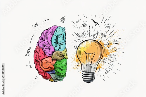 Creative brain with colorful sections and a glowing lightbulb representing imagination and problem-solving.