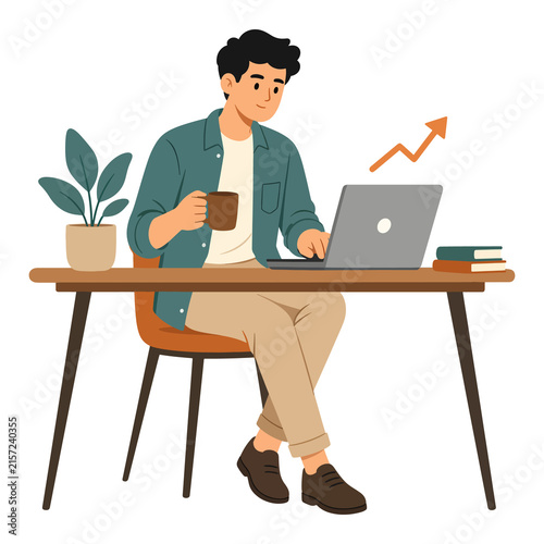 Man working on laptop with growth chart and coffee vector illustration