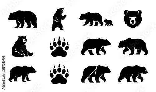 Bear silhouette set with grizzly bear paw prints wild animal icons for outdoor camping adventure design elements.