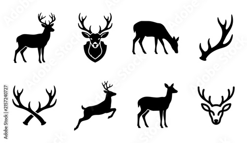 Black deer silhouette icons set featuring bucks antlers and stag head illustrations for camping outdoor hunting logo designs.