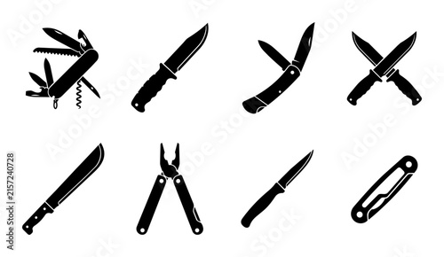 Black vector icons set of camping survival knives multitools and tactical blades.