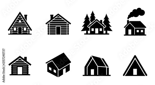 set of black cabin and log house icons for outdoor camping and forest adventure.