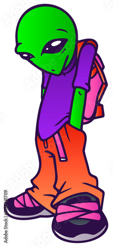 COOL ALIEN CHARACTER IN STREETWEAR CLOTHING. GREEN EXTRATERRESTRIAL WEARING PURPLE T-SHIRT, BAGGY ORANGE PANTS AND SNEAKERS. Y2K HIP HOP STYLE CARTOON VECTOR ILLUSTRATION ISOLATED ON WHITE