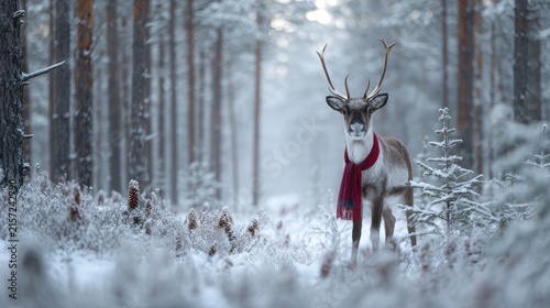 Majestic reindeer wearing red scarf standing amidst snowy pine forest during calm winter morning