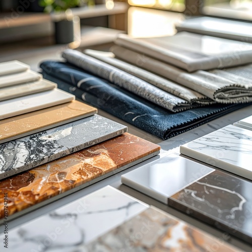 Selection of premium interior design material samples, marble tiles and textured fabric swatches, renovation planning and decor inspiration