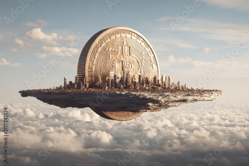 Floating coin with a city on its surface symbolizes money and finance high above the clouds in a sky setting during the day