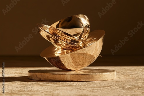 Elegant golden abstract sculpture on stone pedestal reflecting ambient light with smooth metallic surfaces and curved form.