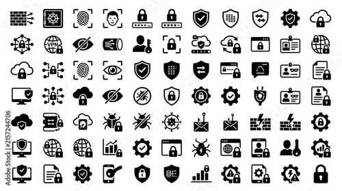 Cybersecurity icons set representing data protection, network safety, and system privacy.
