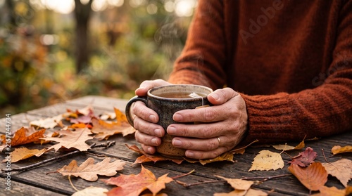 Person holding mug with warm drink on outdoor rustic table covered in fall leaves.