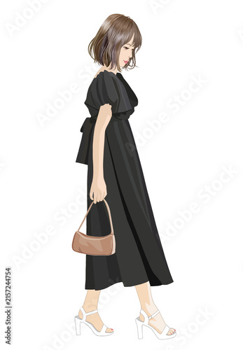 俯いて歩くシックな若い女性のイラスト