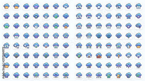 Cloud computing icons collection showing network data storage and web technology symbols.