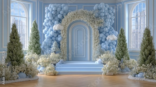 Pastel celebration interior with lush greenery decor