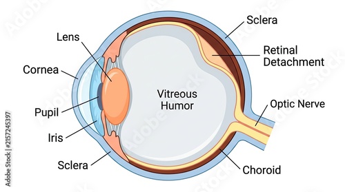 Detailed cross section diagram of the human eye anatomy with labels for cornea iris lens vitreous humor retina with labeling various anatomical parts scientific illustration showing optic nerve