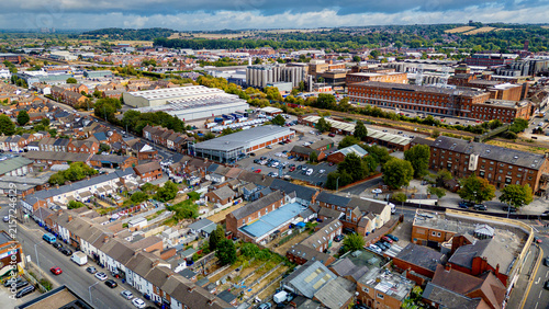 Fotografie Aerial panorama of Burton upon Trent industrial breweries and residential area