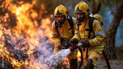 Firefighters work to contain a forest fire in a wooded area as flames spread