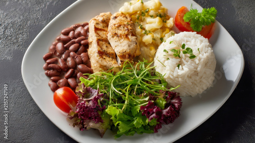 High-protein Brazilian meal served with rice, beans, salad, and grilled chicken